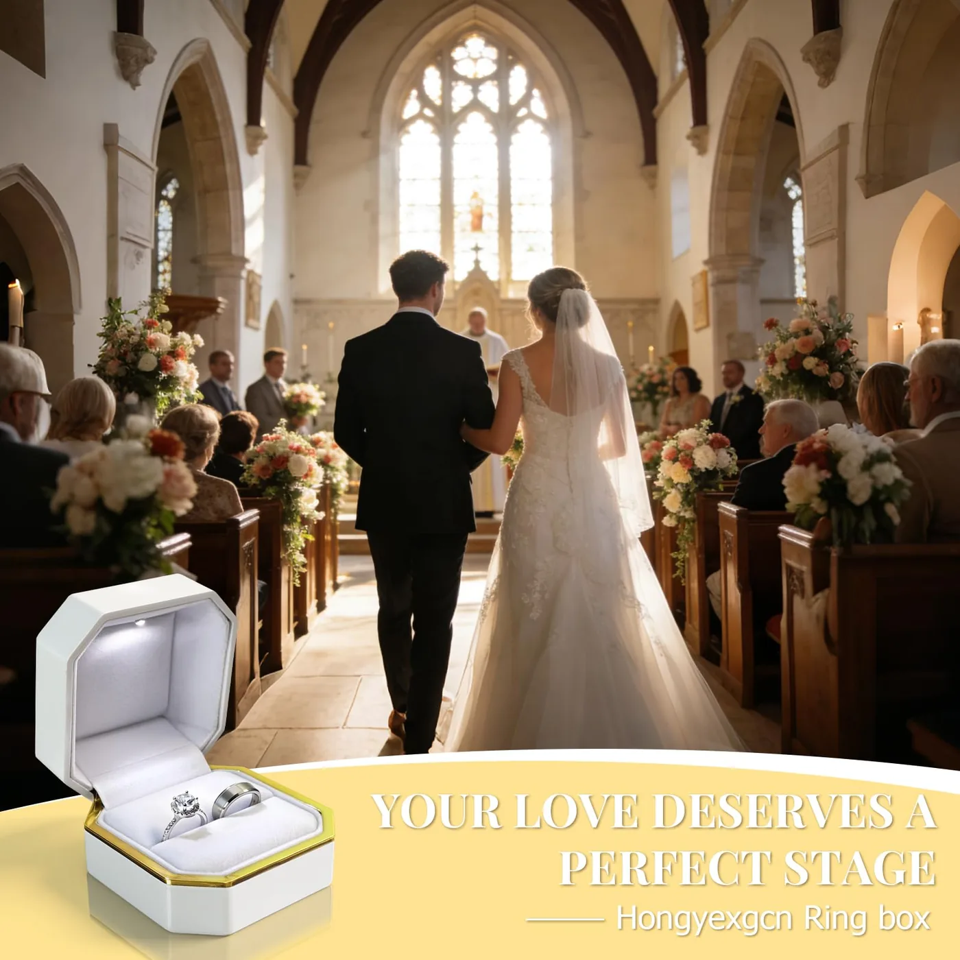 White LED ring box open in a church wedding ceremony scene
