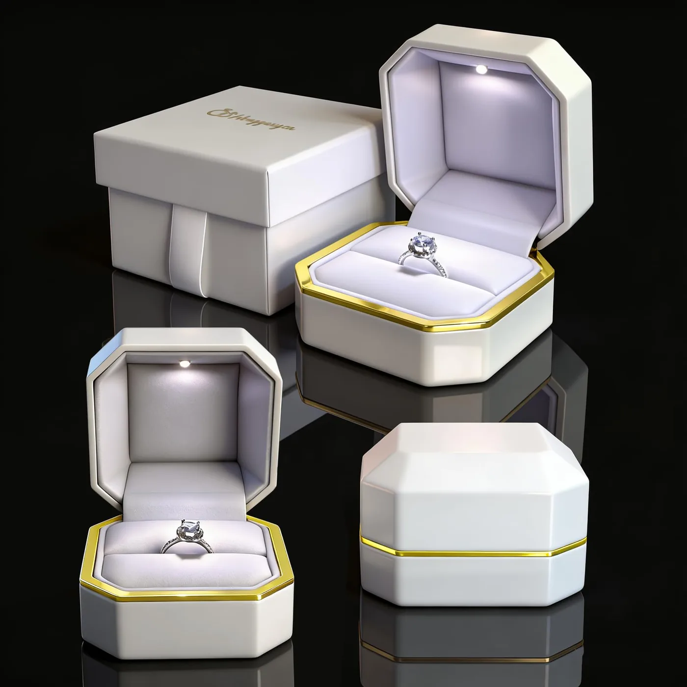 Four views of the white ring box with the outer gift box and a ring inside