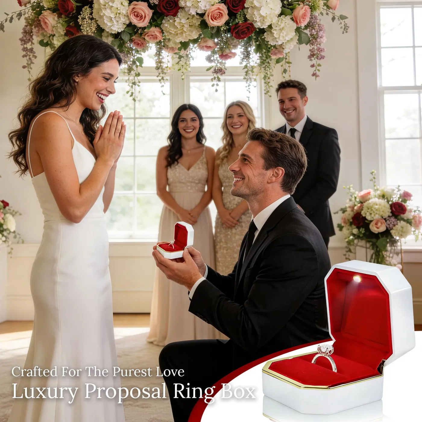 Proposal scene with the ring box open and the red interior lit