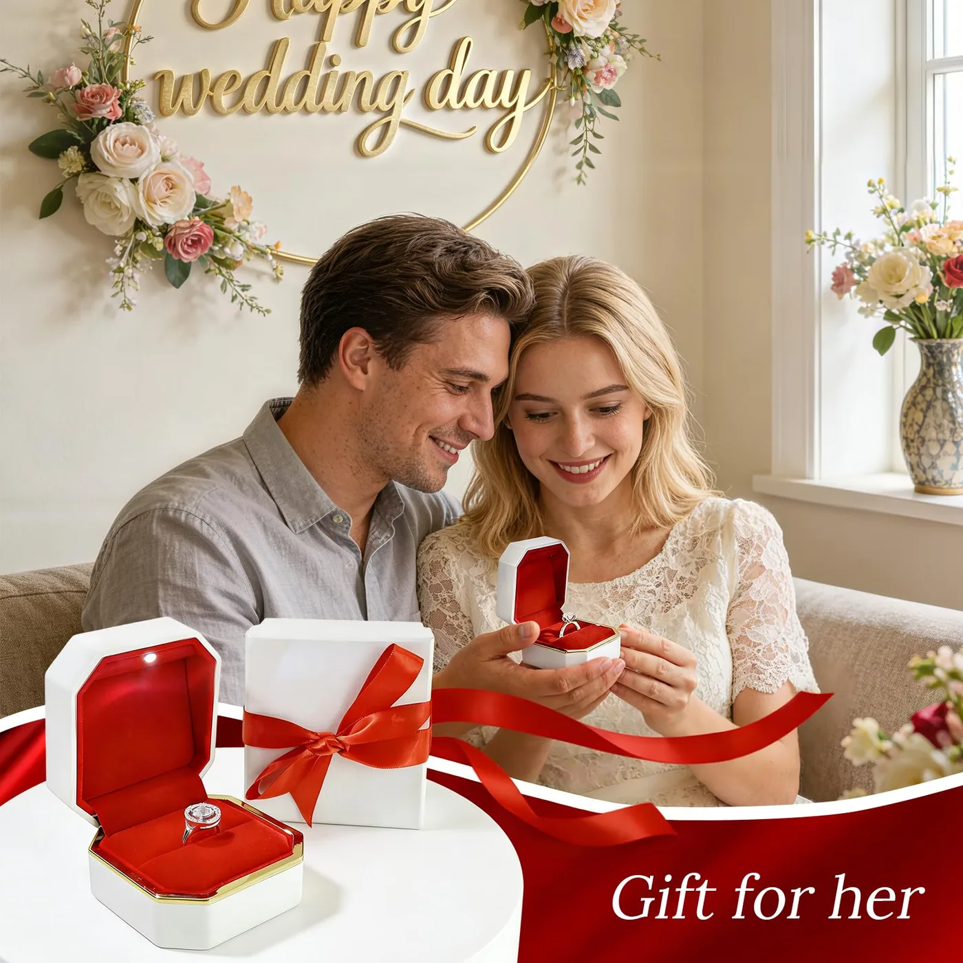 Wedding-day scene with the outer gift box and a red ribbon