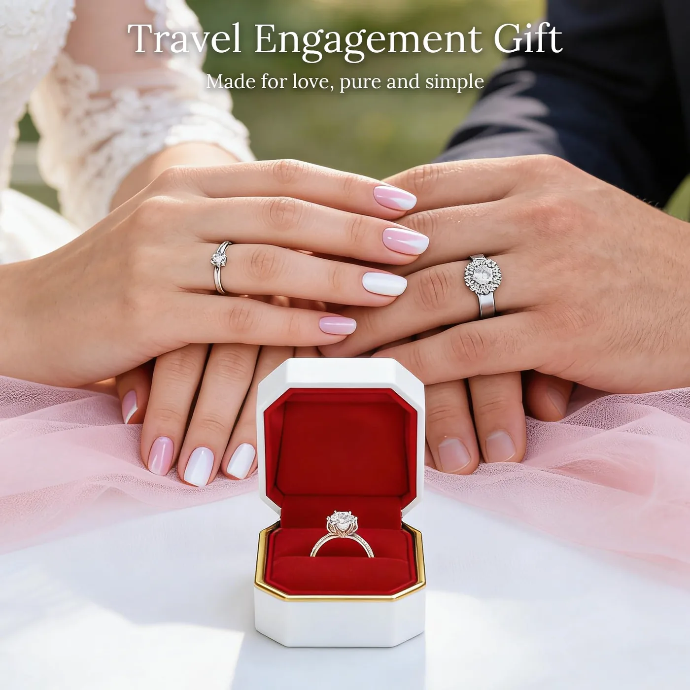 Two hands wearing rings above the open box in a travel scene