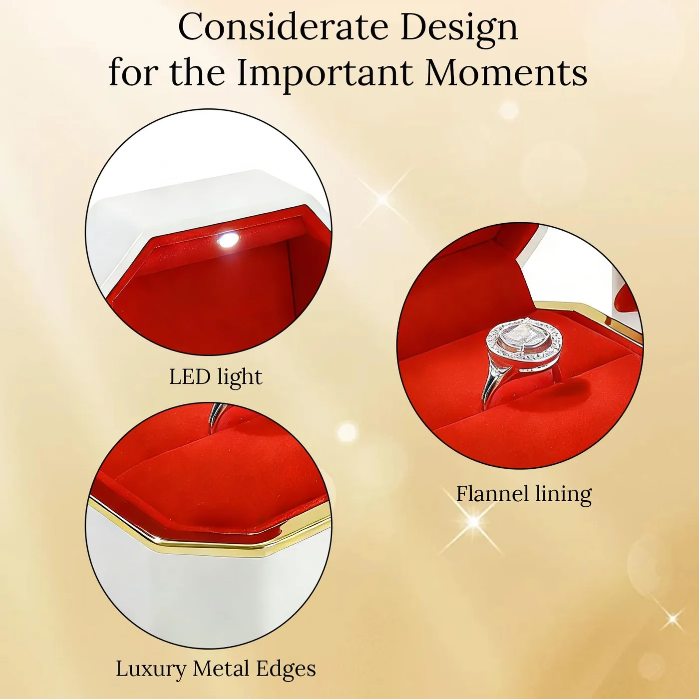 Listing detail graphic showing the LED light, lining and gold-coloured edge