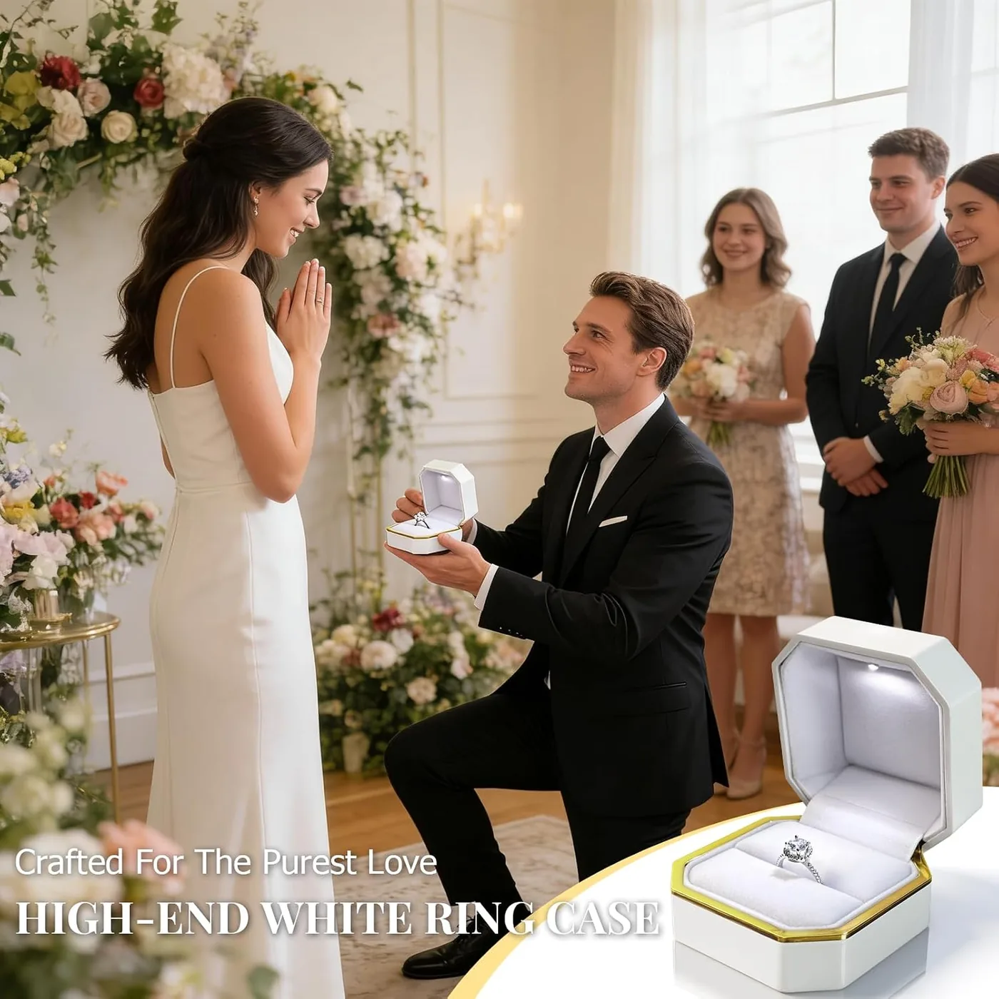 Two wedding bands resting inside an open ring box on a table before a ceremony